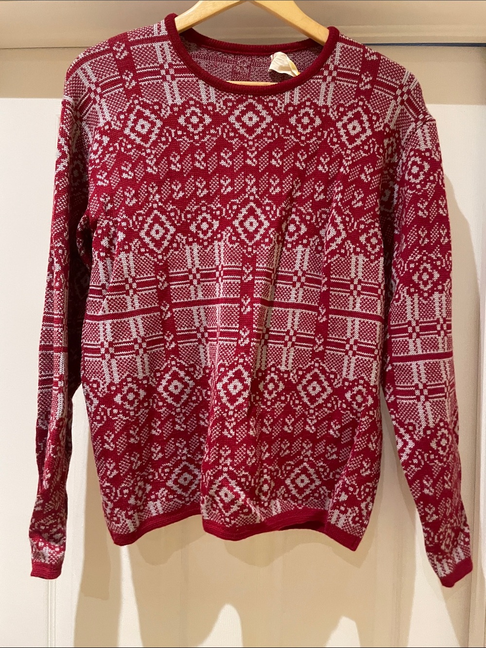 Uli Austrian Pure Wool Sweater Cranberry Red Sky Blue Jacquard Alpine Chic M-L